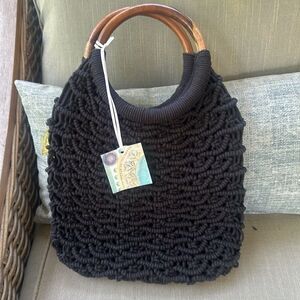 Sigrid Olsen Black Crochet Wooden Handled Handbag